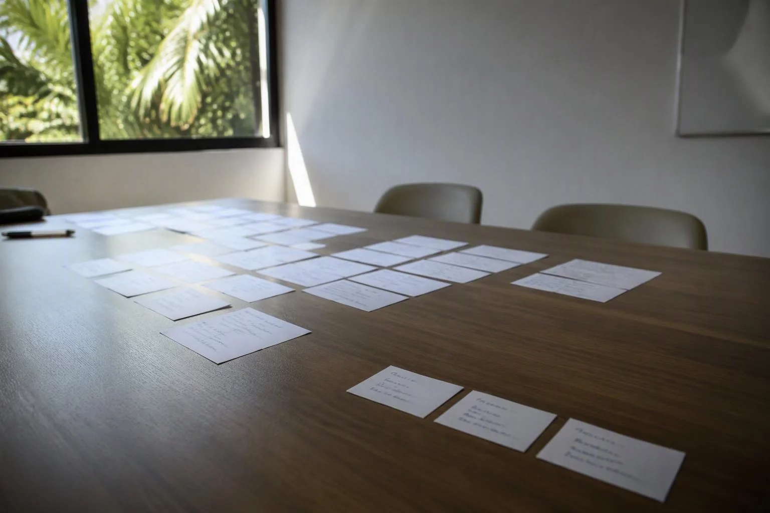 Fichas de papel com nomes de cargos espalhadas sobre a mesa