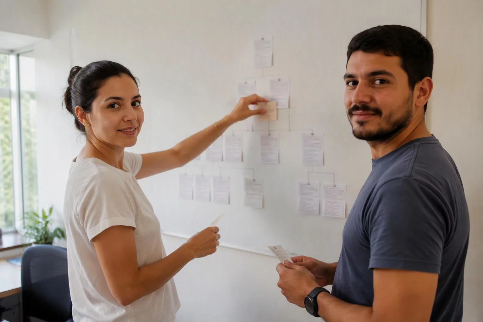Duas pessoas colando fichas de cargos num quadro branco