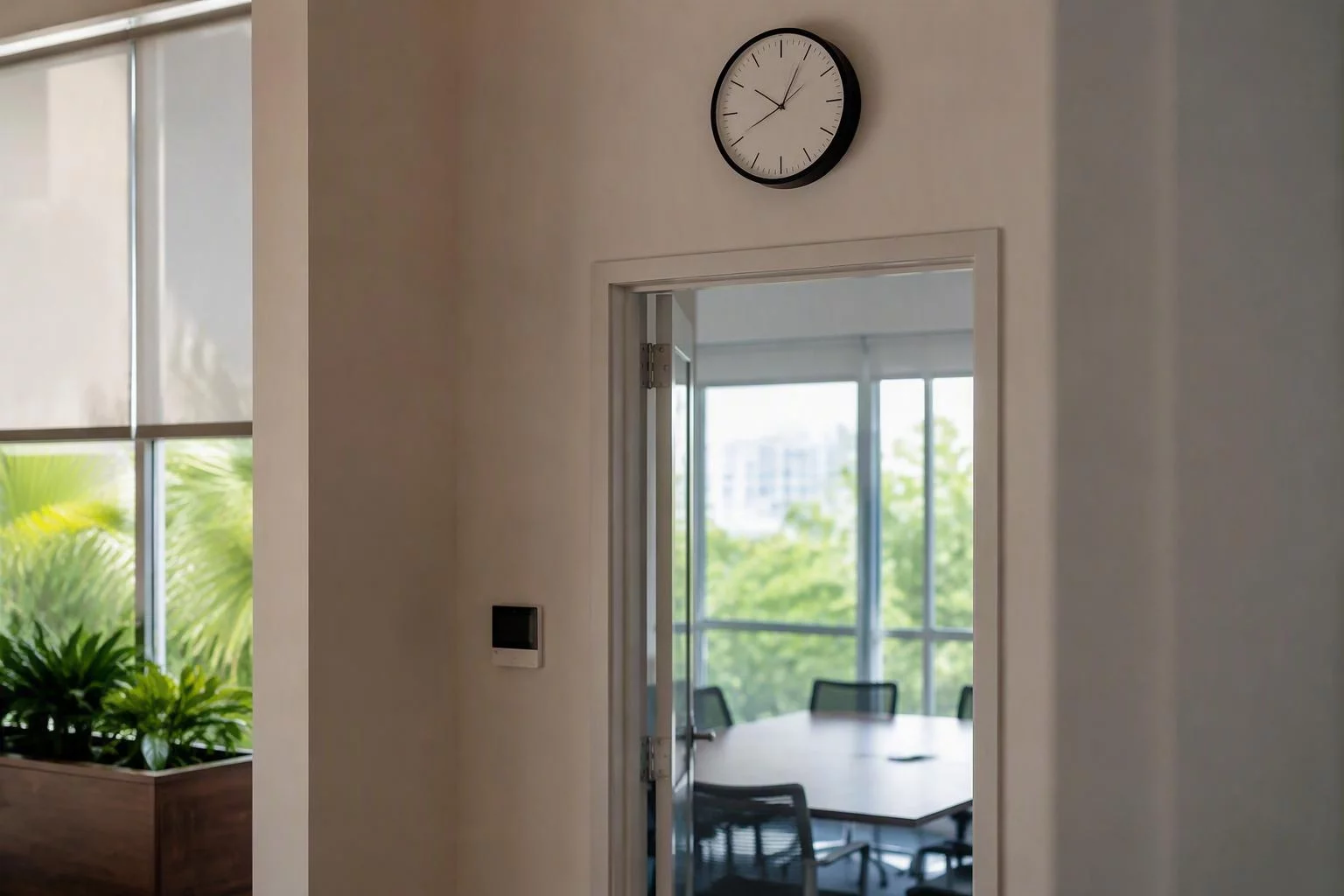 Relógio de parede acima da porta de uma sala de reunião